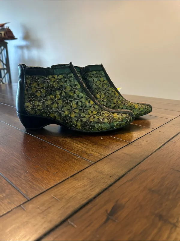 Pikolinos Floral Leather Ankle Booties Green Comfort Shoes EU 38 - Image 3