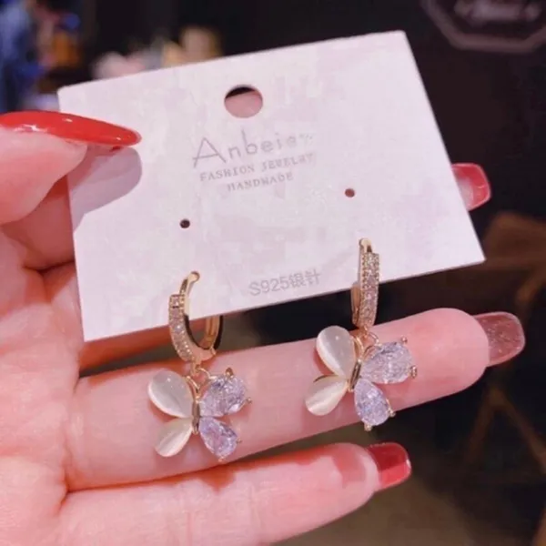 Women's Crystal Butterfly Drop Dangle Hoop Earrings - Image 2