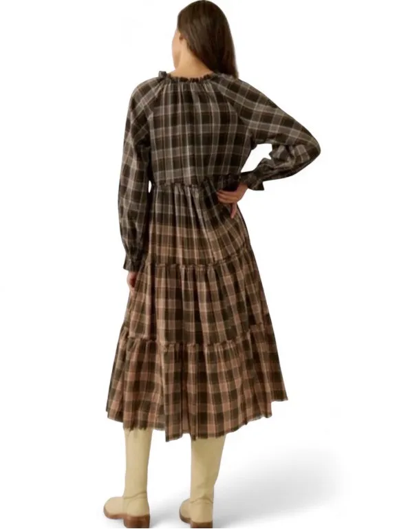Prómesa Truly Tartan Tiered Midi Prairie Dress Black Brown Ombre Plaid Boho Sz S - Image 2