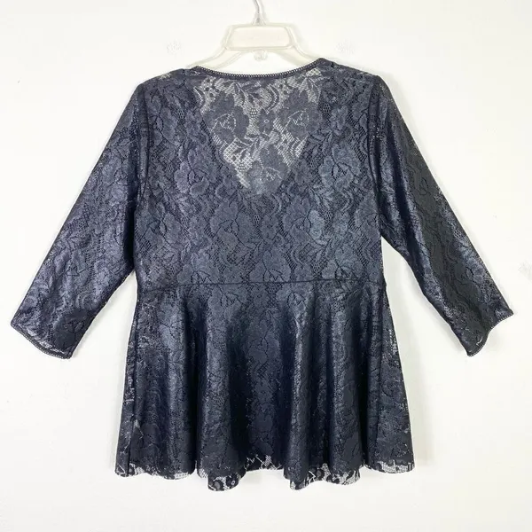 Free People Black Shimmer Sheer Floral Lace Henley Neck Flare Blouse Top Size L - Image 4