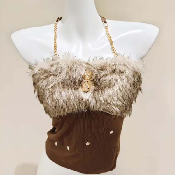 Others Follow Brown Corduroy Halter Tube Top Faux Fur - Image 2