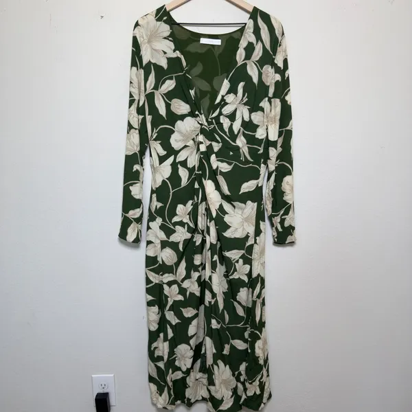 Mango MNG Women Green‎ Floral Midi Dress 10 Green Knot Front Resort Vacation - Image 4