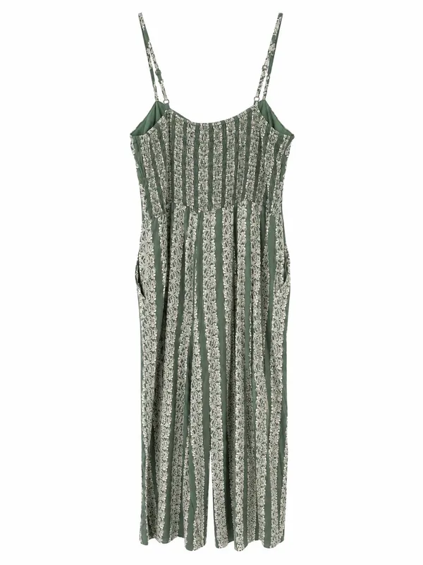 Su Wish Green Paisley Jumpsuit Womens XL Boho Wide Leg Tie Front - Image 3