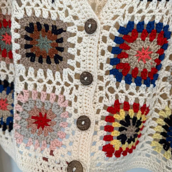 Debut Crochet Cream Granny Square Cardigan Sweater size M - Image 4