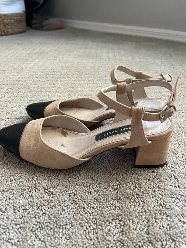 Zara Leather Slingback Block Heel Pump Strappy Beige Black Designer Size 6.5 - Image 4