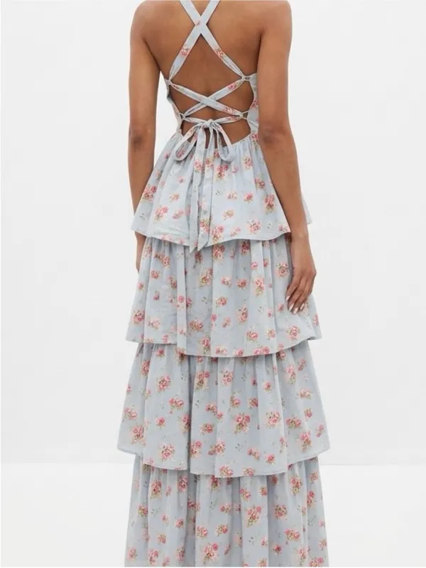 Abercrombie and Fitch Tiered Maxi Dress Lace Up Blue Floral Medium TALL - Image 2