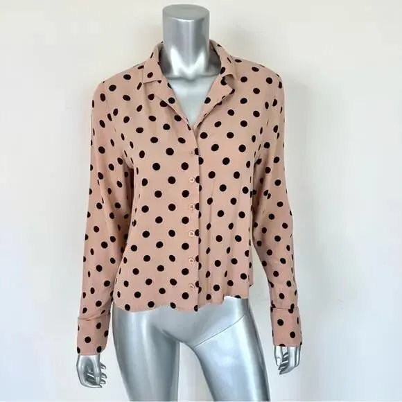 Reformation Polka Dot Button-Up Blouse Cropped Long Sleeve Size Small Pink Black - Image 3