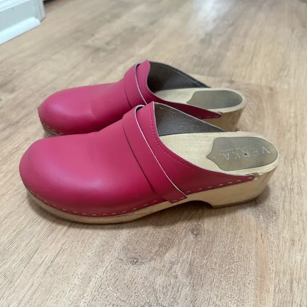Verka | Pink Leather Wooden Mule‎ Swedish Clogs, Made in Sweden, Size EU 42 - Image 3