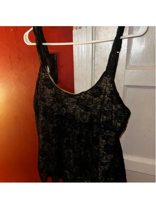 90s Vintage NY&Co Black Floral Lace Overlay Cami Top Nude Lining Grunge Coquette - Image 2