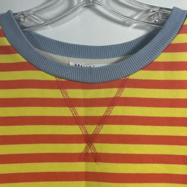 UEU Yellow Orange Striped Sweatshirt Blue Trim Crew Neck Pullover Large - Image 3