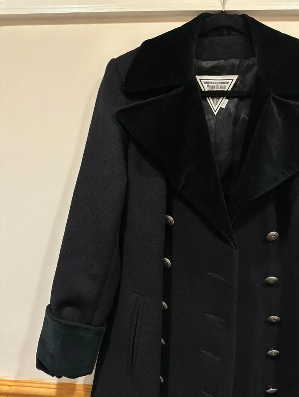 Marvin Richards Vintage Long Wool Coat Double Breasted Black Fur Collar Size 2 - Image 2