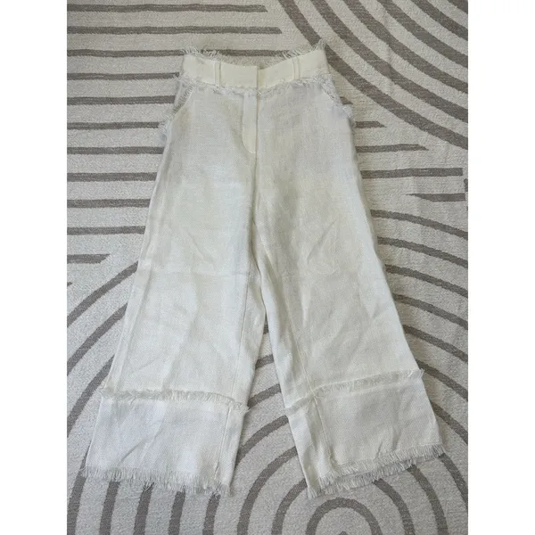 Uterqüe Women Off White Wide Leg Crop Pants Textured Raw Hem Fringe High Waist S - Image 2