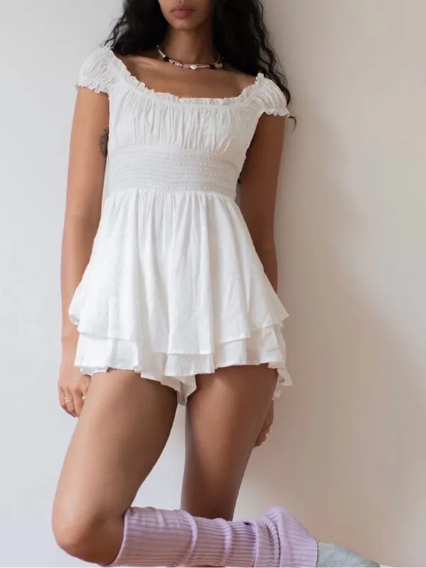 Urban Outfitters Rosie Smocked Tiered Ruffle Romper White Small Bridal Wedding - Image 2