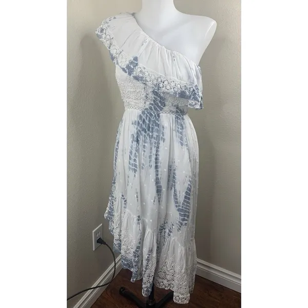 Loveshackfancy One Shoulder Tie Dye Dress Gwen? Sz XS Cotton Blue White - Image 2