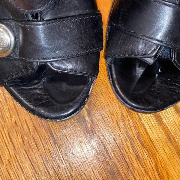 Coach Black Leather Peep Toe Button Gladiator Heels - Image 3