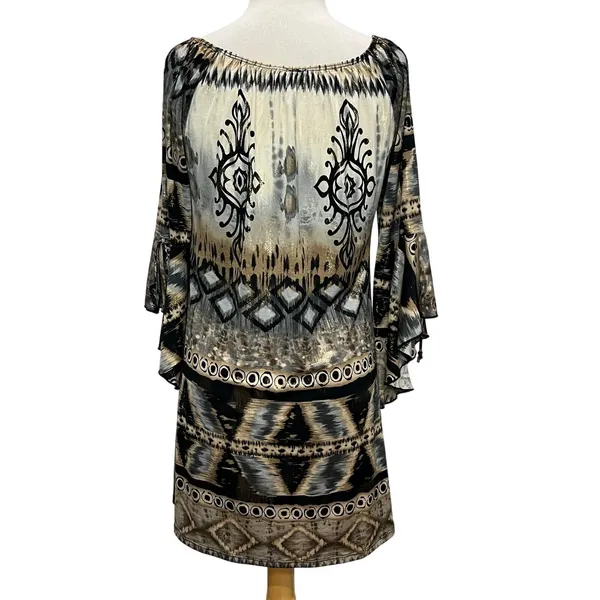 Parker Mini‎ Dress XS Black Gray Tan Gold Abstract Stretch Bell Sleeve Boho Chic - Image 6