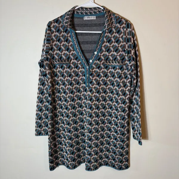 Zara Knit Jacquard‎ Dress Long Sleeve Geometric Print Mini Teal Brown Size Small - Image 2