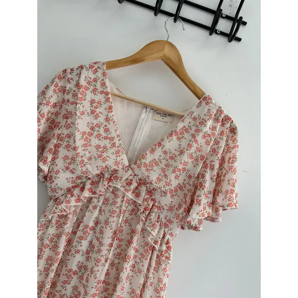 Kiss The Sky Floral Ruffle Mini Dress Pink Cream V-Neck Flutter Sleeve XS - Image 2