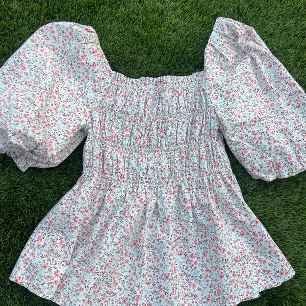Love Note Pink and Blue Puff Sleeve Smocked Blouse - Image 4