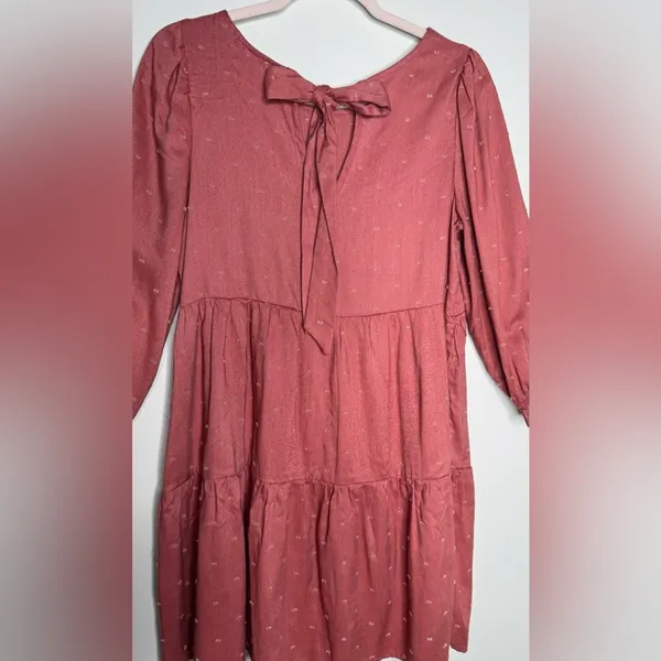 Anthropologie Rust Swiss Dot Tiered Mini Dress Long Sleeve Babydoll M - Image 3