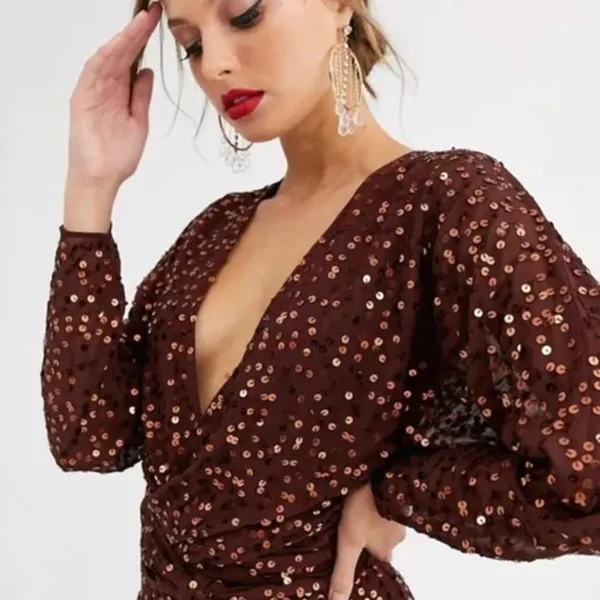 ASOS DESIGN midi dress with batwing sleeve and wrap waist in scatter sequin - Image 4