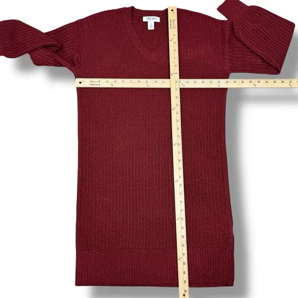 Nine West Metallic‎ Shimmer Knit Balloon Sleeve Sweater Dress Burgundy Red Small - Image 11