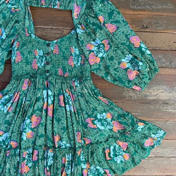 Free People Endless Summer Picnic Emerald Green Floral Boho Mini Dress - Sz S 🧡🎀 - Image 12