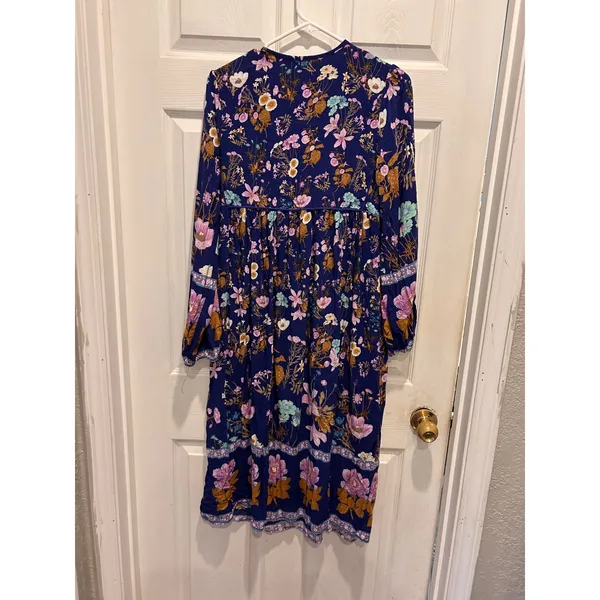R Yiposha Navy Blue Floral Boho Empire Waist Midi Dress XS 0/2 Long Sleeve - Image 5