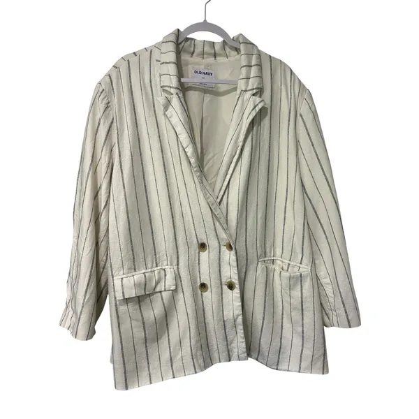 Old Navy Linen Blend Blazer Nautical Coastal Double Breasted Striped Navy XXL - Image 2