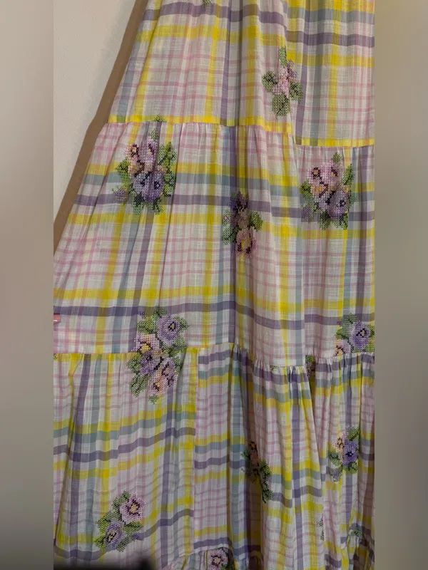 Anthropologie Payal Pratap Pastel Yellow & Pink Floral Plaid Maxi Dress - Image 9
