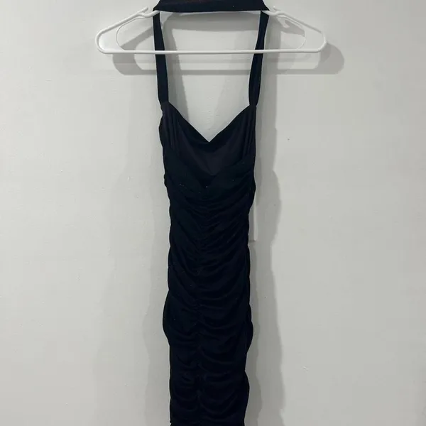 Oh Polly Black Glitter Ruched Maxi Dress US 0 Y2K 2000s Bodycon Cowl Neck - Image 5