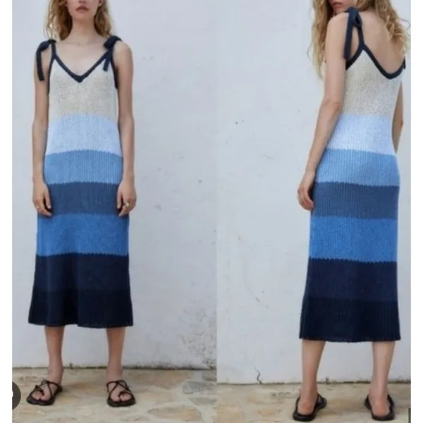 NWOT ZARA Striped Blue Ombre Crochet Chunky Knit Midi Dress Womens Small - Image 2