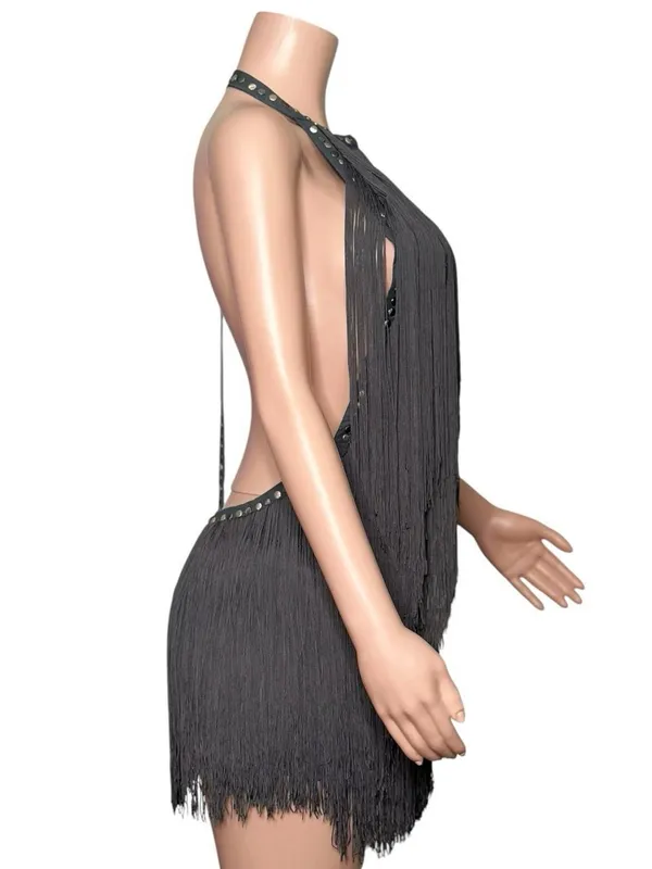 JADED LONDON Vadra Backless Fringe Mini Dress, Charcoal Grey, 4(US) - Image 10