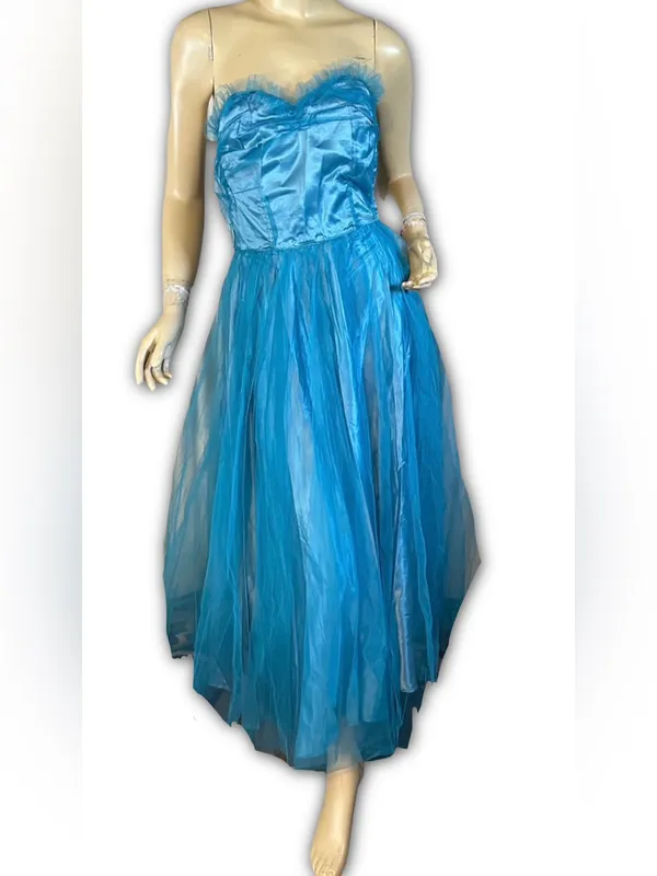 Vintage 1950'S Turquoise Blue Satin & Tulle Strapless Party Dress (Xs) - Image 2