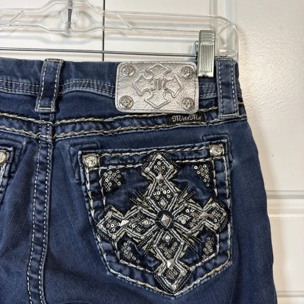 Miss Me Skinny Jeans Womens 27 Dark Wash Embellished Rhinestone Cross Pockets - Image 10