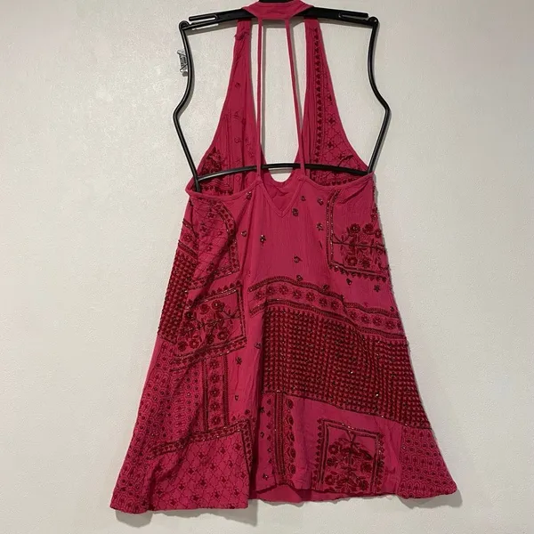Free People Pink Embroidered Halter Mini Dress XS Boho Y2K Festival - Image 4