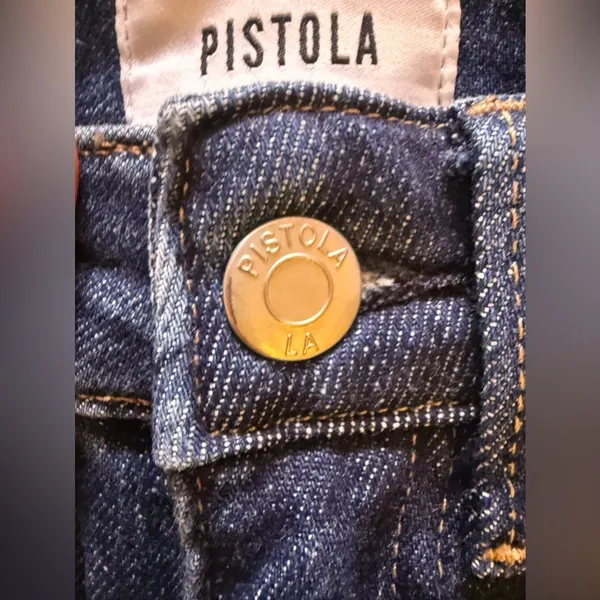 Pistola baggy jeans, dark denim, distressed high waist zip bottom size 23 - Image 4