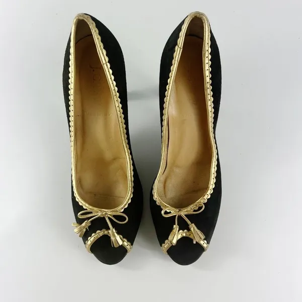 J. Crew Vintage Isabella Black Suede Gold Trim Peep Toe Heels Shoes Women 8.5 - Image 5