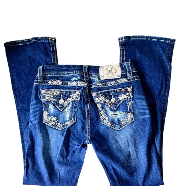 Miss Me Mid~Rise Boot Denim Jeans Sz 29X32.5 Stretch Bling Flap Pockets Distress - Image 2