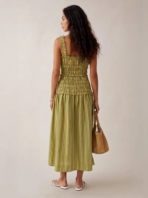 Few Moda o.p.t Freya Size M Green Striped Smocked Fit Flare Midi Cotton Dress - Image 3