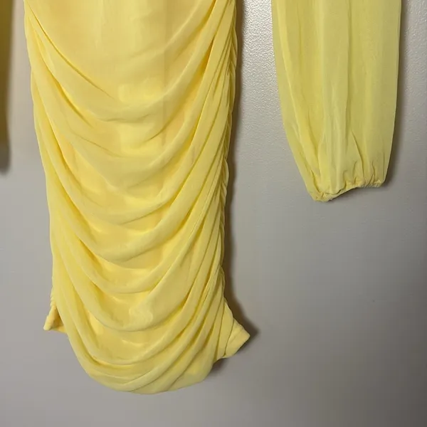 Pretty garden butter yellow mini‎ dress long sheer sleeves ruched body Size S - Image 5