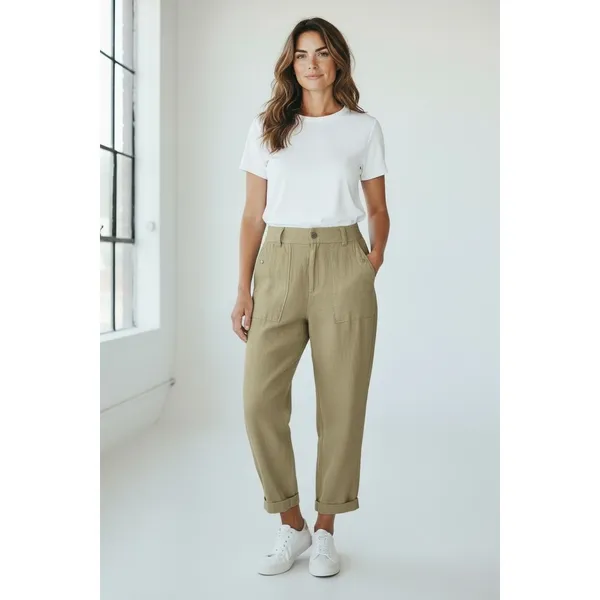 Tahari Womens Olive Green Linen Blend Utility Cargo Pants High Rise Size Medium - Image 2