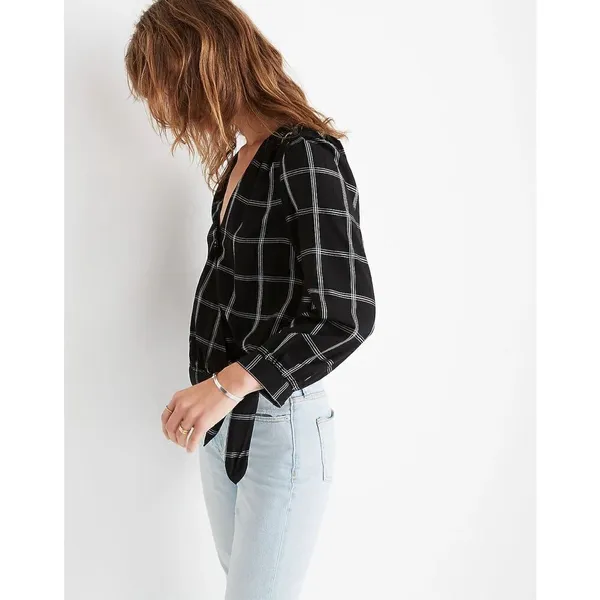 Madewell‎ Wrap Top in Windowpane sz Small black white - Image 3