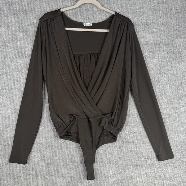 Intimately‎ Free People Size-L/G Bodysuit Olive Turnt Faux Wrap Long Sleeve - Image 5