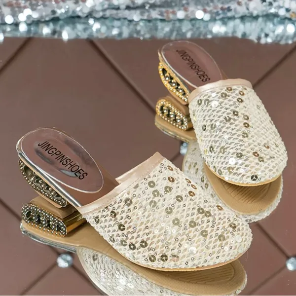 Gold Mesh Slides w/Round Toe Silver & Gold‎ Sequins Open Circle 1.5” Heels - Image 8