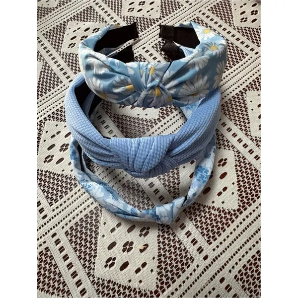 3PC Light Blue Knotted Headband Set - Daisies, Ribbed & Floral - Image 3