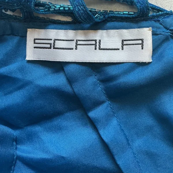 Scala Silk Beaded Gown Teal Blue Lattice Neckline Maxi Dress Small Formal Gown - Image 6
