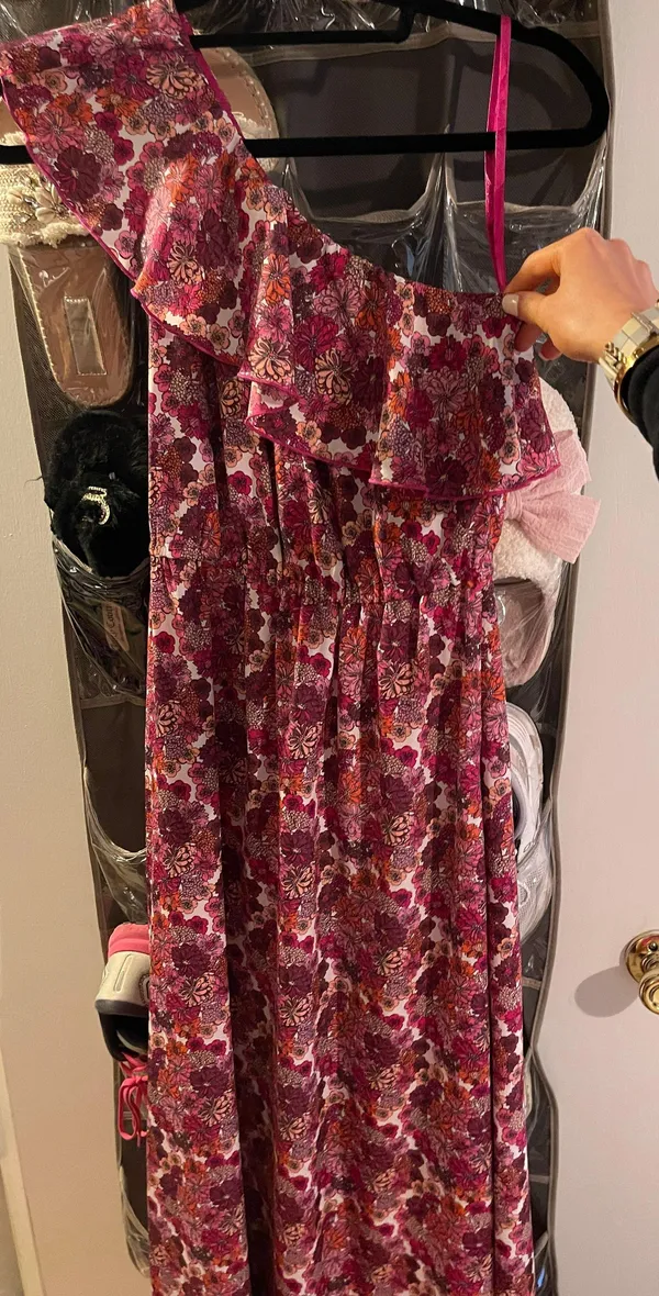 Target Floral Pink Orange One Shoulder Ruffle Maxi Dress - Image 2