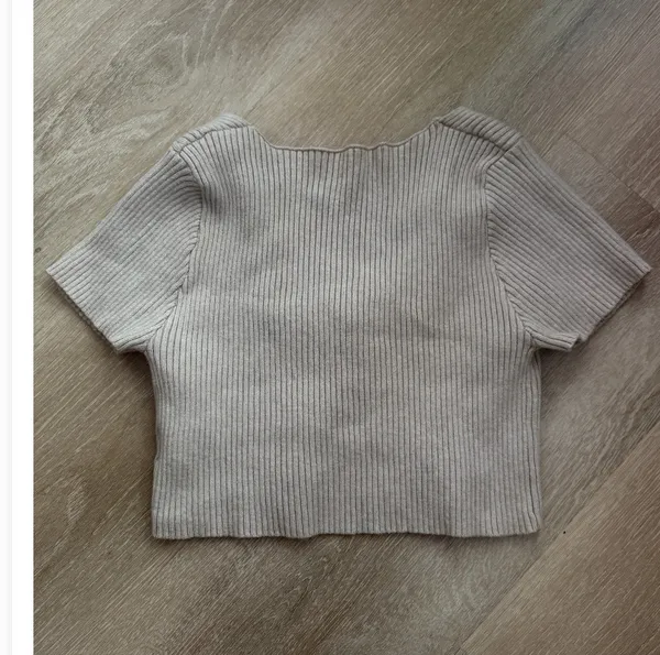SHEIN Beige Tie-Front Ribbed Knit Crop Cardigan Top Size M - Image 6