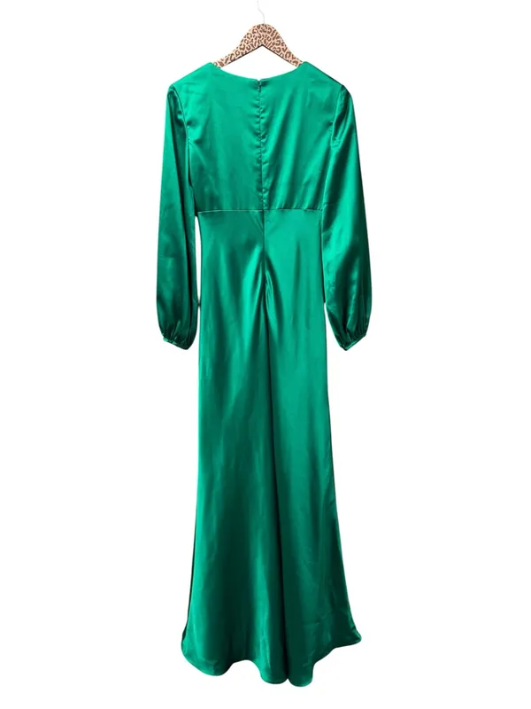 Mac Duggal Long Sleeve Empire Waist Satin Gown Maxi Dress Emerald Green 6 - Image 4